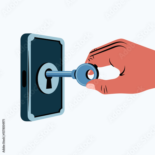 Hand inserting a key into a lock on a stylized door or device, unlocking a concept.