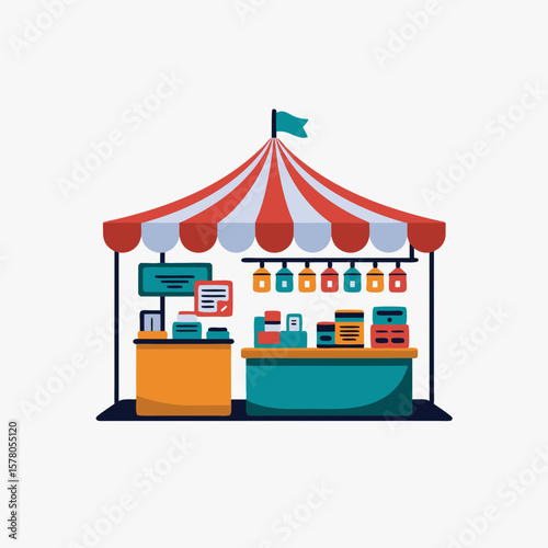 Illustration of a striped fair booth with various products displayed on the counter.