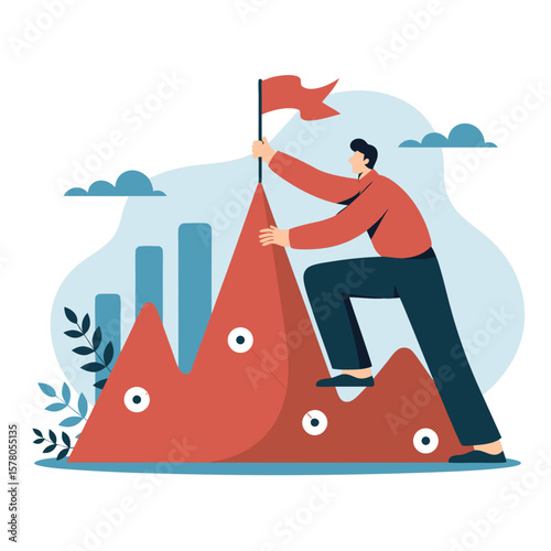 A determined individual plants a flag atop a mountain, achieving a goal.