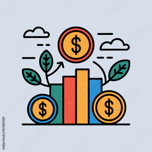 Financial growth depicted by rising bar graph with dollar coins and leaves.