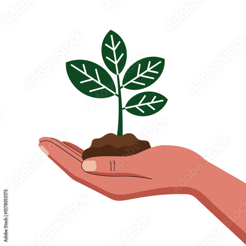 A nurturing hand gently cradles a small sapling, symbolizing growth, care, and environmental responsibility.