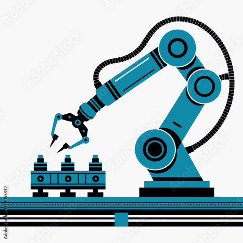 A robotic arm on an automated assembly line, picking up components.