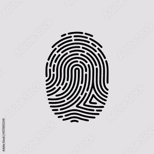 Stylized fingerprint illustration, black lines on a light gray background, biometric security symbol.