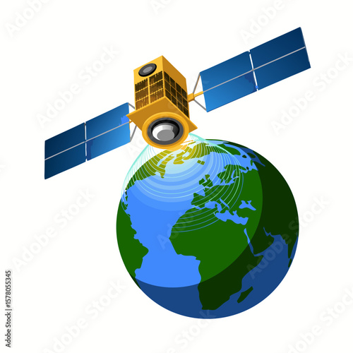 A golden satellite orbits Earth, transmitting data and signals across the globe.