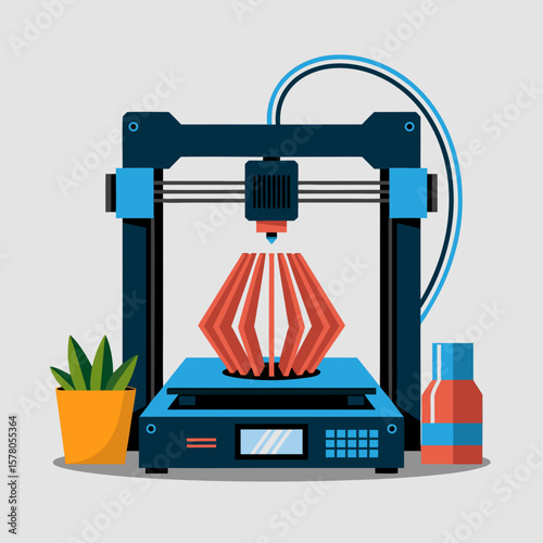 Modern 3D printer creating a complex geometric object, with a small plant and bottle nearby.