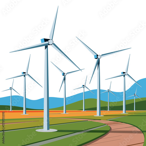 Illustration depicts a field with multiple wind turbines generating clean energy.