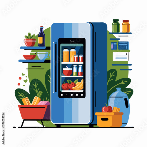 A colorful illustration of a modern refrigerator stocked with various foods and beverages, surrounded by pantry items and greenery.
