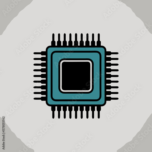 A stylized illustration of a central processing unit (CPU) chip, with pins.