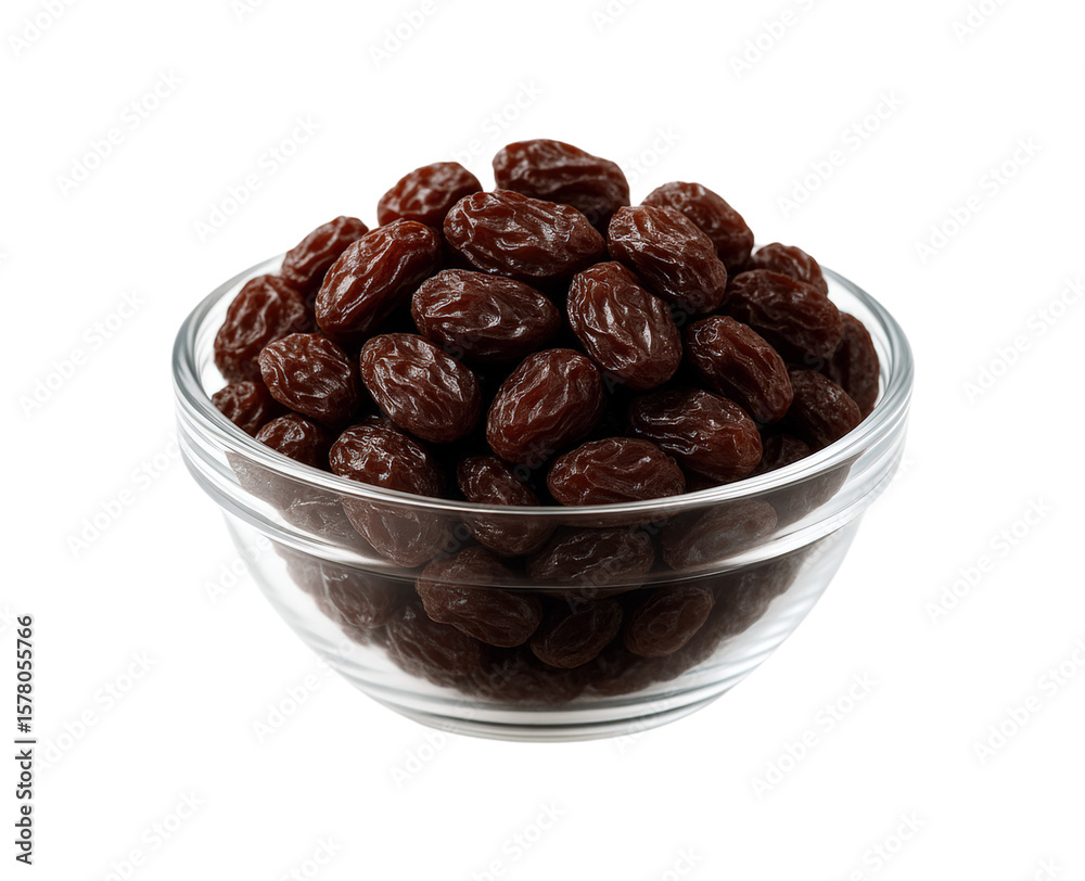 Glass Bowl Filled with Fresh Dark Raisins, Natural Dried Grapes Perfect for Snacking or Baking, Isolated on Transparent and White Background Glass Bowl Filled with Fresh Dark Raisins, Natural Dried Grapes Perfect for Snacking or Baking, Isolated on Transparent and White Background
