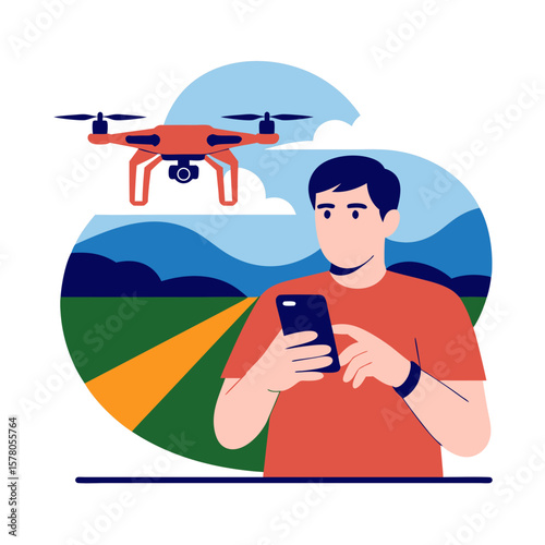 A person operating a drone with a mobile phone, outdoors with landscape.