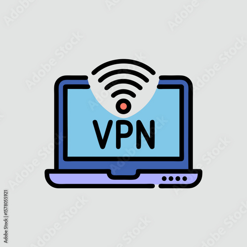 Laptop icon with VPN and wifi symbol, representing secure online connection.