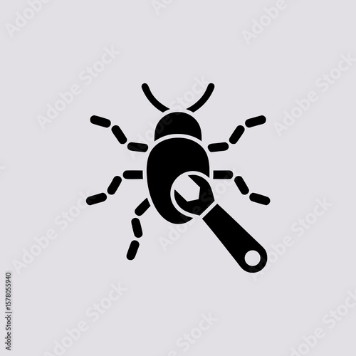 Bug fixing, software repair, debugging process, wrench on insect.
