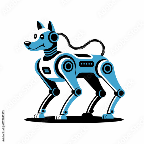 A stylized, robotic dog stands on a black oval, featuring blue and white colors with black accents.