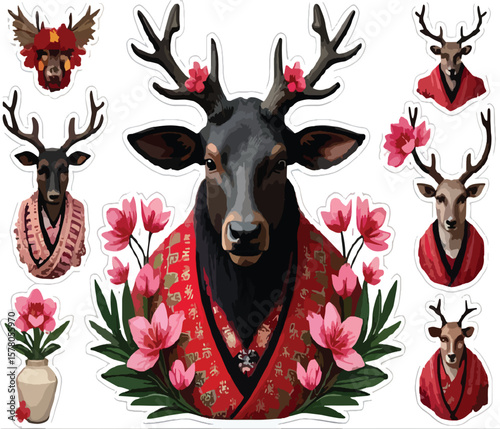 A collection of deer illustrations showcased on a white background, some adorned with flowers and traditional attire, creating a whimsical and festive animal themed design.