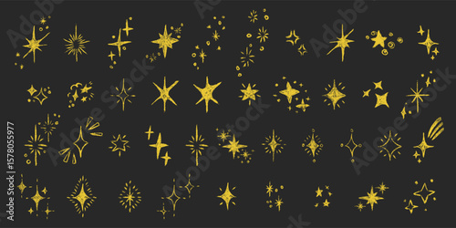 Stars big set. Chalk textured kids freehand drawing shine twinkle. Crayon hand drawn child scribble spark. Pastel pencil childish decorative sparkling collection. Sketch vector illustration isolated