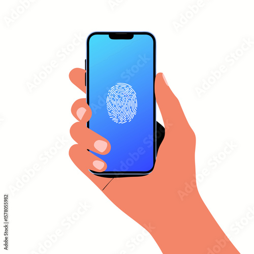 A hand holding a smartphone with a fingerprint scan displayed on the screen.