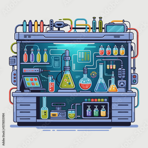 Futuristic laboratory setup with various scientific equipment and colorful liquids in beakers and flasks.