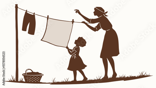 Mother and Daughter Hanging Laundry – Vintage Family Farmhouse Silhouette for Cut Files & Print
