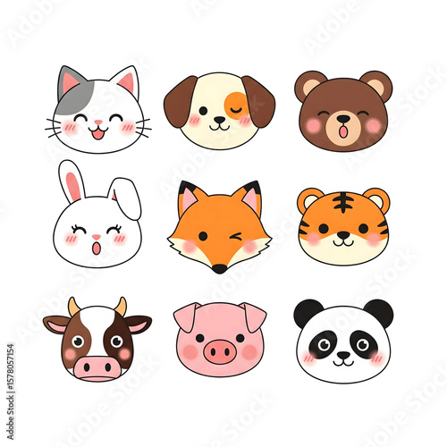 Adorable Cartoon Animal Faces with Cheerful Expressions and Blush Details