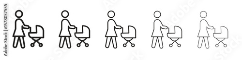 Woman with Baby Stroller icon line art vector collection on white background