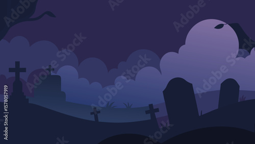 Spooky cemetery scene with clouds depicting a dark and mysterious halloween evening