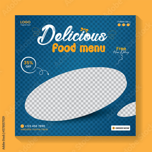 Delicious Burger social media post design, Restaurant social media square banner template for business promotion, food web banner template