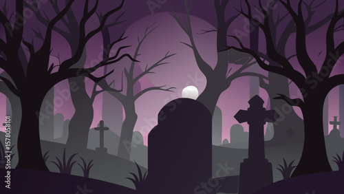 Spooky graveyard scene with silhouetted trees and a full moon at twilight