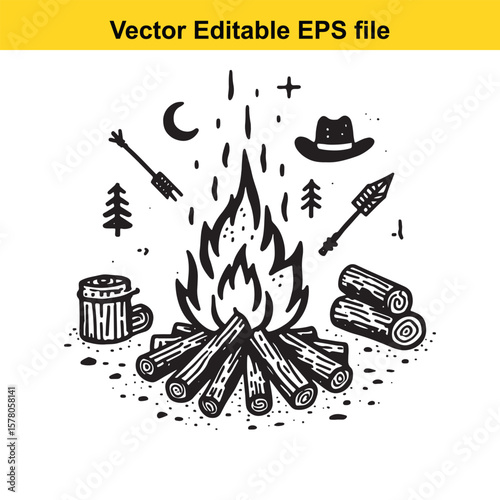 Camping Scene Illustration Cozy Campfire with Hat Arrow Mug and Woodpile Black and White Doodle Style Artwork