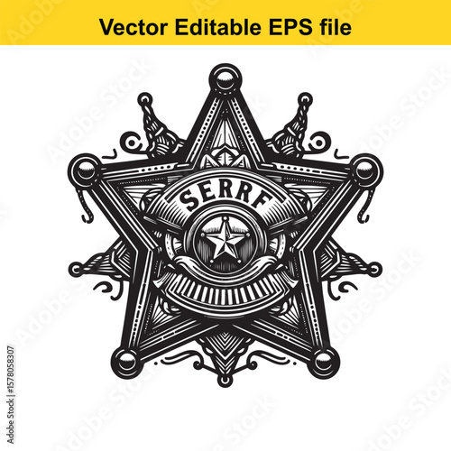 Vintage Engraved Sheriff Star Badge Illustration Detailed Intricate Design Classic Western Symbol of Authority and Law Enforcement Black and White