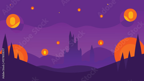 Spooky halloween night scene with castle silhouettes and orange glowing lanterns in the sky