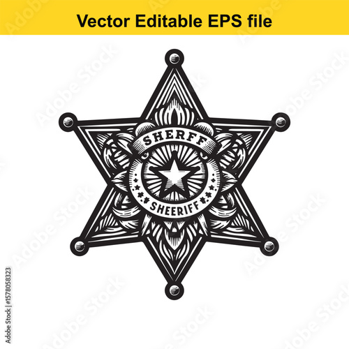 Vintage Sheriff Badge Emblem Six Pointed Star with Intricate Details and Western Law Enforcement Symbolism a Detailed Vector Graphic