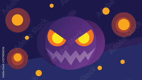 Spooky halloween pumpkin illustration with glowing eyes and simplistic abstract dark background