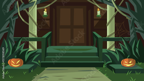 Spooky halloween scene with a haunted house entrance and carved pumpkins