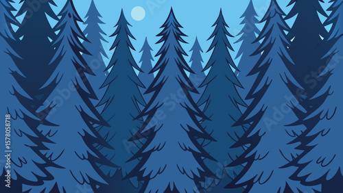 Stylized forest illustration depicting pine trees silhouetted against a blue moonlit sky