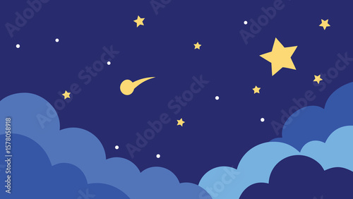 Stylized illustration of a night sky featuring stars clouds and a shooting star.