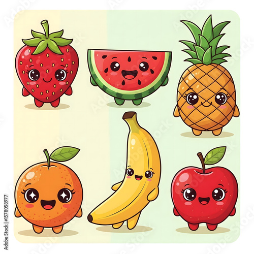 Cartoon Fruits Strawberry Watermelon Pineapple Orange Banana and Apple