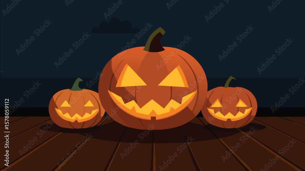 Obraz premium Three carved halloween pumpkins on wooden surface with night background illustration