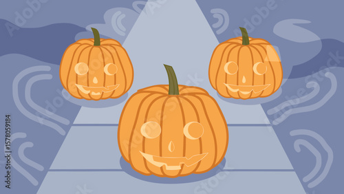 Three carved pumpkins with smiling faces on a blue abstract halloween background