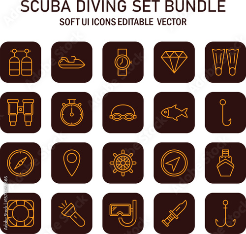 Underwater Exploration Icons: A Comprehensive Scuba Diving Equipment Collection with Vector Precision and Soft UI