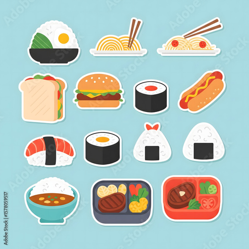 Collection of Colorful Flat Asian Food Illustrations
