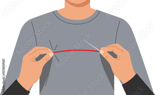 Hands Threading Red Thread Through Needle for Sewing Craft Hobby Illustration Vector 