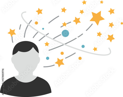 Human head with swirling stars and dots representing imagination and creativity vector illustration 