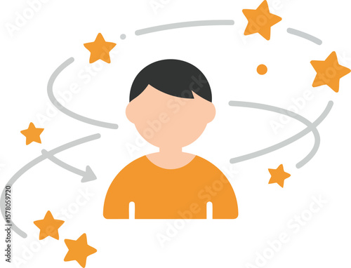 Dizzy person with stars spinning around head expressing confusion and disorientation vector illustration 