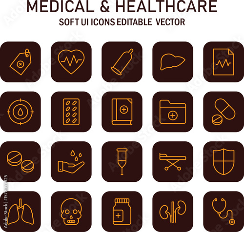 Collection of medical and healthcare icons, depicting various health related symbols with a soft user interface design