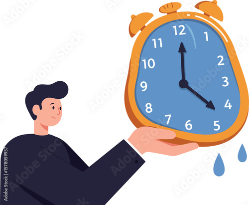 Man Holding Melting Orange and Blue Alarm Clock Concept Illustration Representing Time Management and Stress 