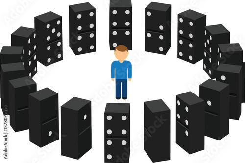 Man surrounded by falling black dominoes in circle illustrating cause and effect concept vector illustration 
