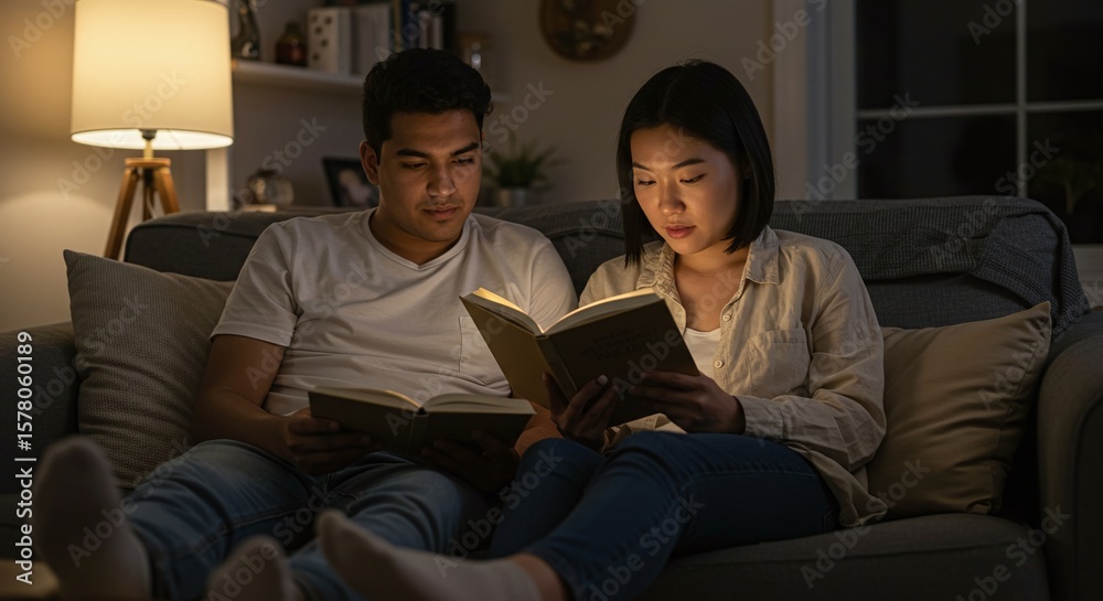 Obraz premium Young Couple Reading Books Cozy Living Room Warm Lighting Evening