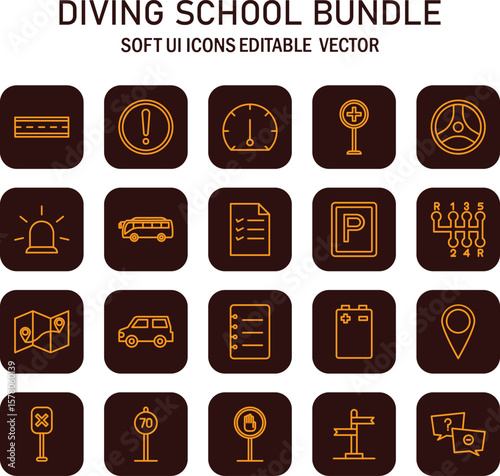 Collection of outlined driving school icons in soft user interface style for educational resources and transportation