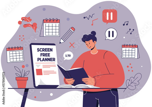 Person Using Screen Free Planner for Organized Time Management and Productivity in Modern Workspace Illustration 