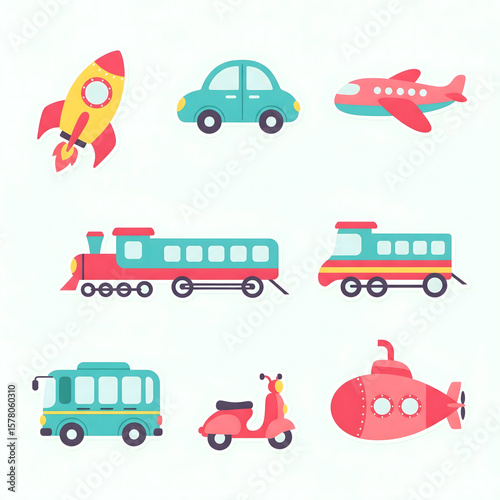 Colorful Cartoon Transportation Icons for Kids
